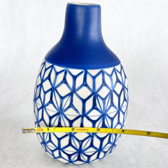 Vintage Artisan De Luxe Home Boho Thai Vase Royal Blue Geometric Print 7” - Picture 4 of 13